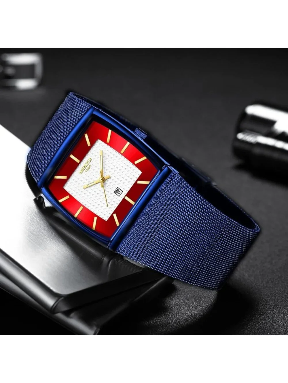 Nibosi Men's Blue Red Square Analog Quartz Stainless Mesh Strap Waterproof Watch